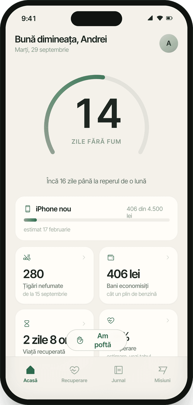 Ecranul Acasă din FumStop, ziua 14, cu numărătoarea zilelor fără fum